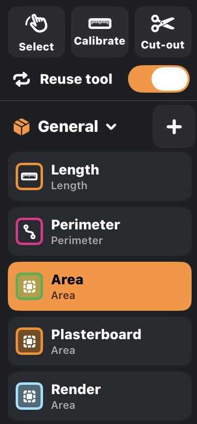 The app sidebar showing the General toolbox with Length, Perimeter and Area tools plus two custom area tools named Plasterboard and Render, each with its own colour.
