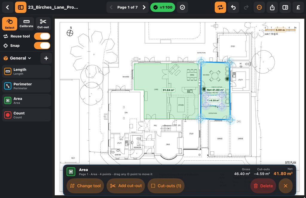 SiteFeed Takeoff on iPad: a PDF site plan with a green measured area. One area is selected and has a hatched cut-out; the panel at the bottom reads Gross 46.40 m², Cut-outs −4.59 m², Net 41.80 m². The left sidebar shows Select, Calibrate and Cut-out, the Reuse tool and Snap switches, and the Length, Perimeter, Area and Count tools. The top bar shows Page 1 of 7 and a calibrated 1:100 badge.